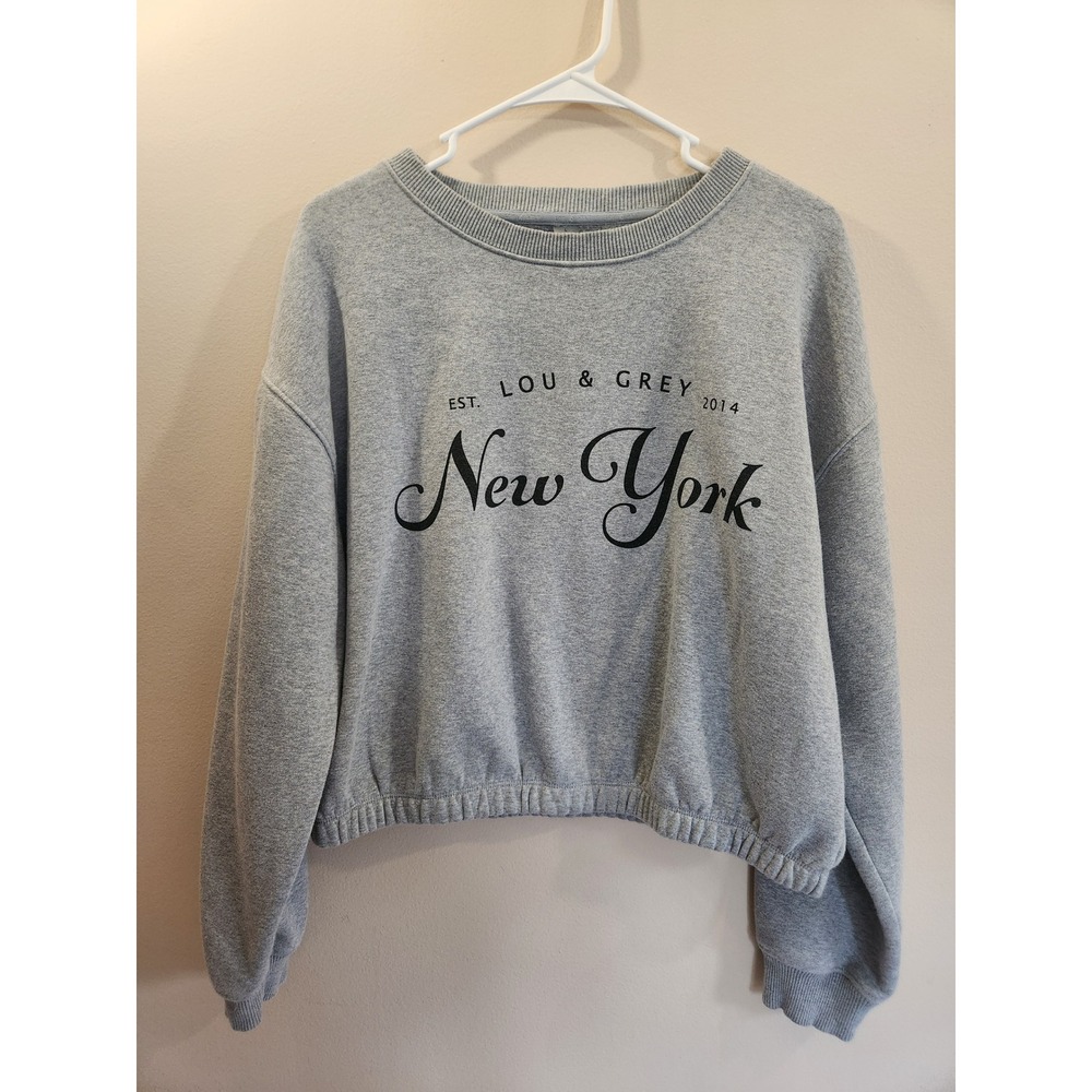 Lou & Grey New York Graphic Cropped Sweatshirt Gray Elastic Hem Large